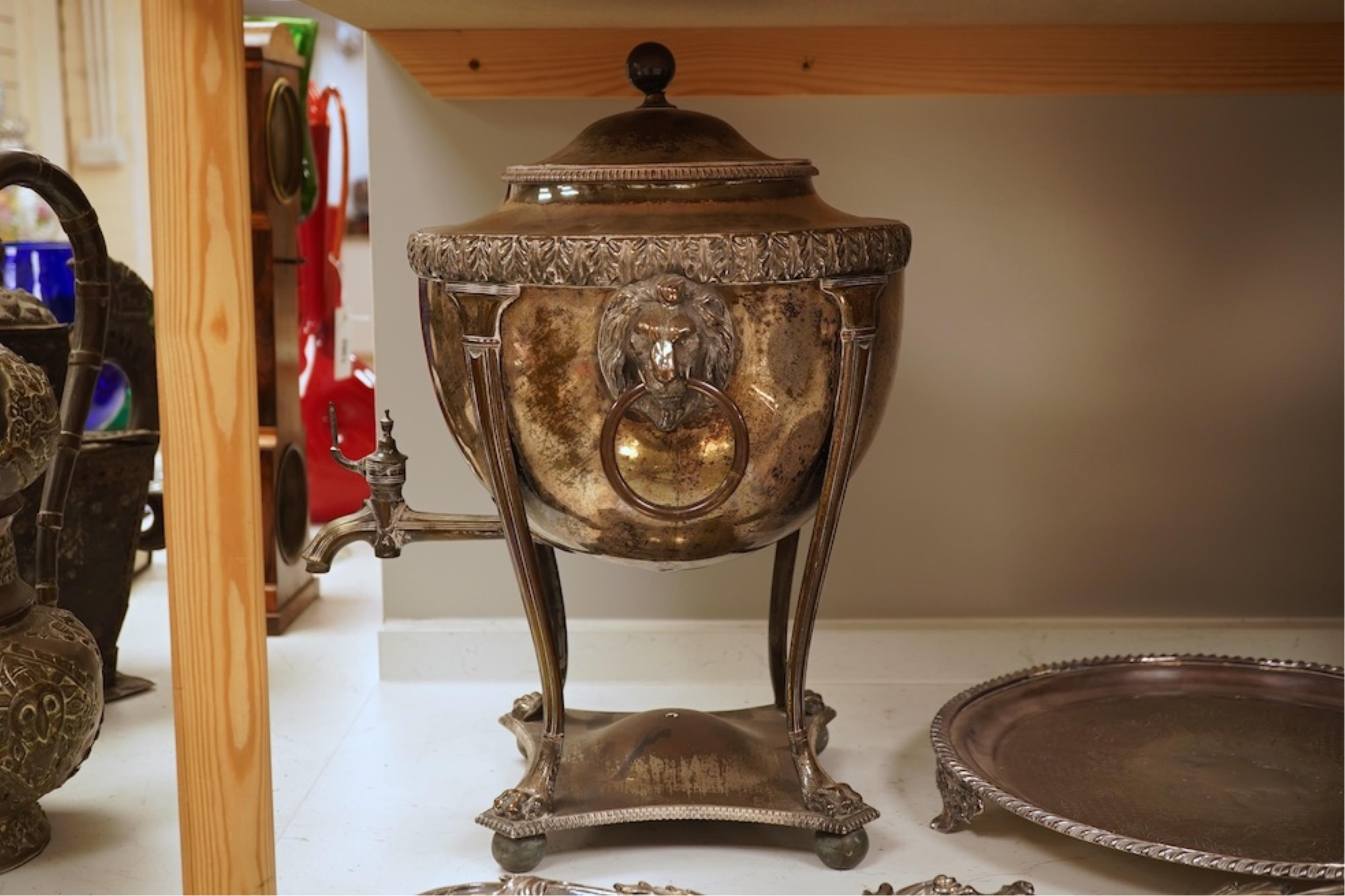 A Regency Old Sheffield Plate samovar and two silver plated trays, largest 70cm